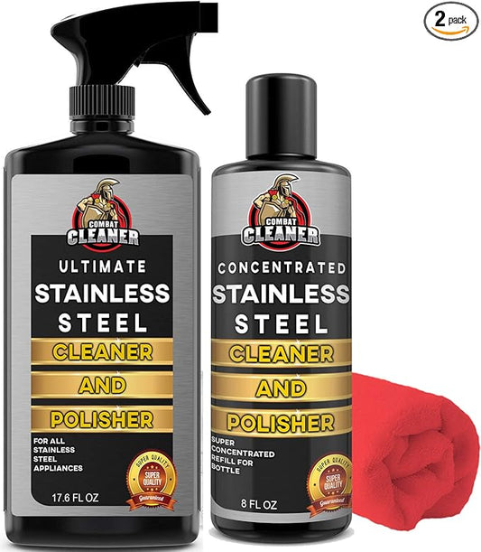 Ultimate Stainless Steel Cleaner and Polisher 17.6 OZ + Concentrated Refillable Stainless Steel Cleaner and Polisher + Microfiber Rag