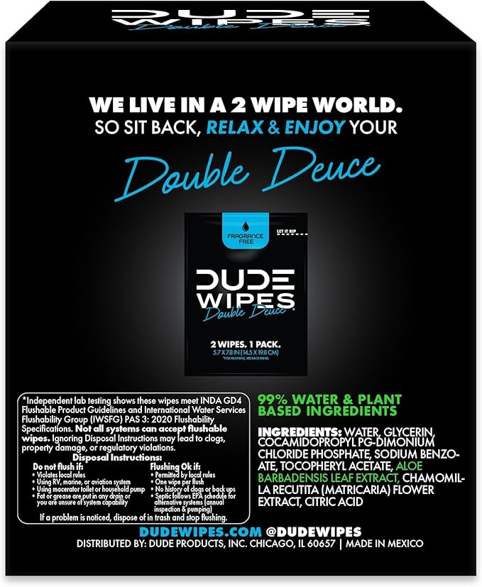 DUDE Wipes - Double Deuce - Two-In-One On-The-Go Flushable Wipes - 2 Pack, 80 Wipes - Unscented Extra-Large Individually Wrapped Wipes with Vitamin E & Aloe - Septic and Sewer Safe