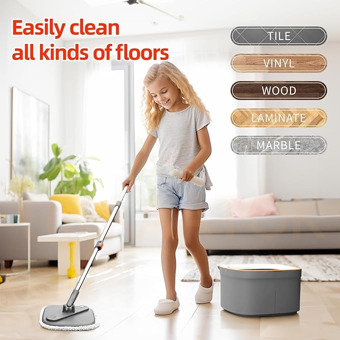 KZKR Spin Mop and Bucket Set with 4 Replaceable Microfiber Mop Pads with Self Separation Dirty and Clean Water System, Self Wringing 360° Rotating Square Mop Head for Hardwood Tile Marble Floors
