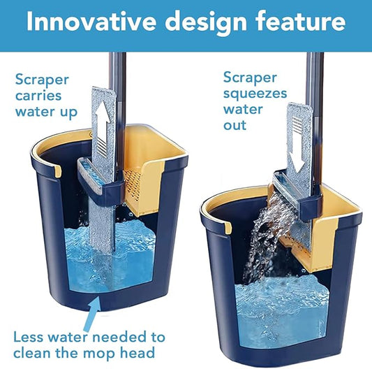 Flat Floor Mop and Bucket Set with Hands-Free and Self-Wringing | Mop for Floor Cleaning, Floor Mop with Reusable Microfiber Mop Pad, for Hardwood, Laminate and Tile Floors, (Navy)