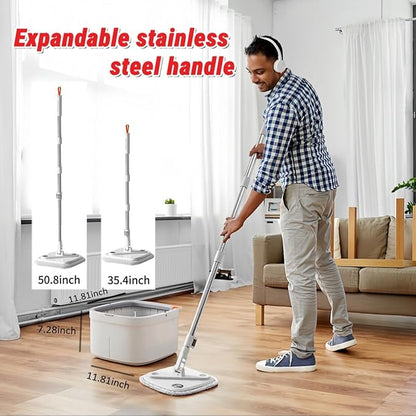 Spin Mop and Bucket Set with Self Separation System 360° Spinning Self-Wringing, Square Clean Mop and Bucket with Wringer-with Replaceable Mop (Light Grey Mop and Bucket Set 2pads)