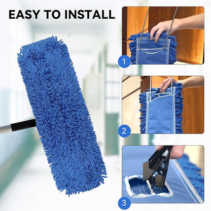 24 Inch Dust Mop Head: Replacement Medium Washable Commercial Mop Head Sweeper and Janitorial Replacement Blue (Blue - 24 Inch, 3 Pack)