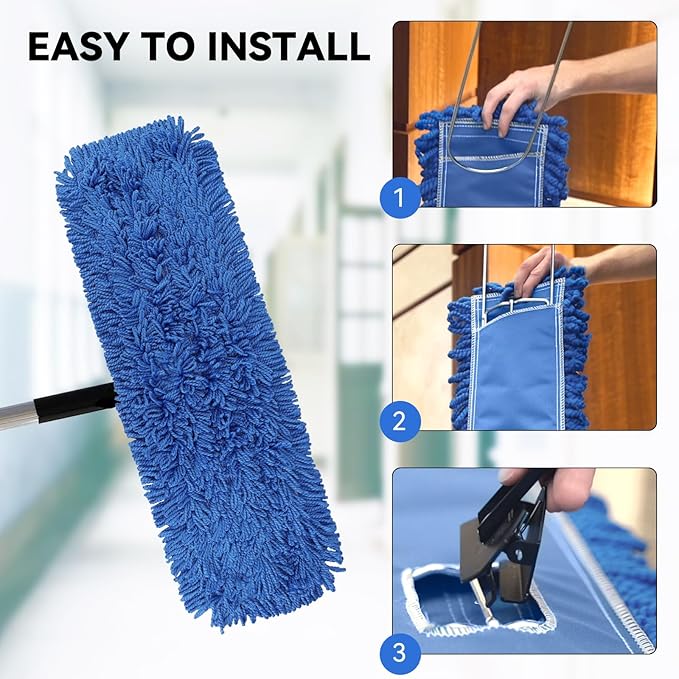 24 Inch Dust Mop Head: Replacement Medium Washable Commercial Mop Head - Sweeper and Janitorial Dust Mop Head Replacement Blue (Blue - 24 Inch, 6 Pack)