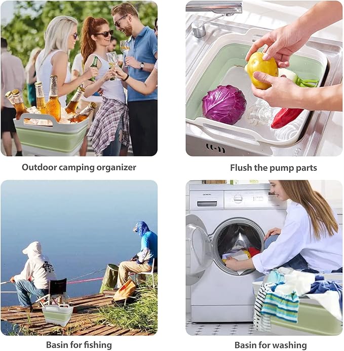 Ikaufen 2PCS Dishpan for Washing Dishes, 9L(2.4Gallon) Collapsible Wash Basin with Drain Plug Carry Handles, Collapsible Bucket for Cleaning, Vegetable Washing, RV(Green + Grey)
