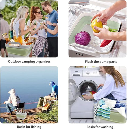 Ikaufen 2PCS Dishpan for Washing Dishes, 9L(2.4Gallon) Collapsible Wash Basin with Drain Plug Carry Handles, Collapsible Bucket for Cleaning, Vegetable Washing, RV(Green + Grey)