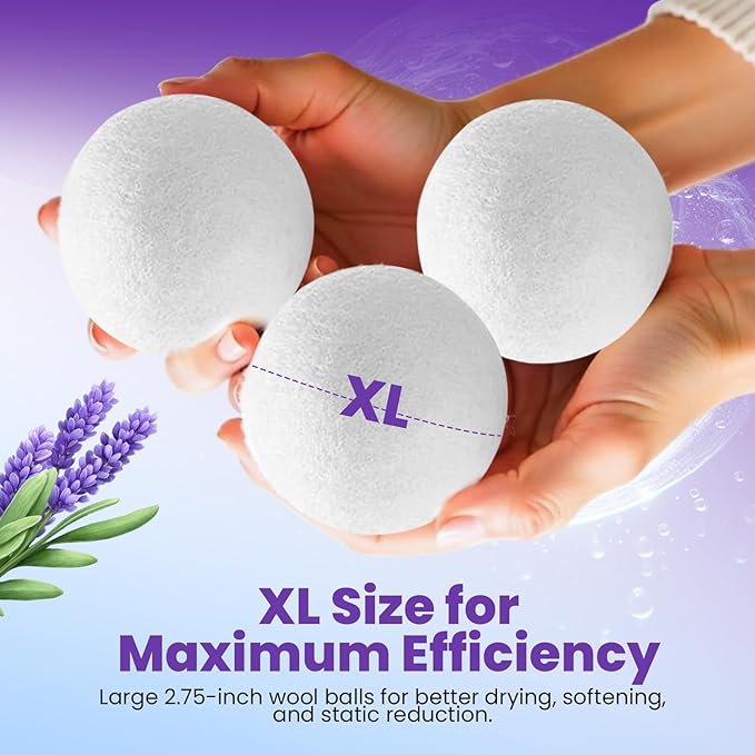 Heaven's Scent Wool Dryer Balls w/Essential Oils Bundle - Reusable, Organic, Handmade & Hypoallergenic XL Size | Eco-Friendly, Natural Fabric Softener | Ocean & Lavender Oil, White