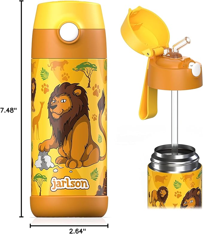 kids water bottle with straw - CHARLI - insulated stainless steel water bottle - thermos - girls/boys (Lion 'Star', 12 oz)