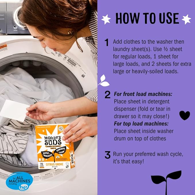 Molly’s Suds Laundry Detergent Sheets | Gentle on Sensitive Skin, Powerful Bio-Based Enzymes, Stain-Fighting | Liquidless & Plastic-Free Packaging | 70 Loads (Lavender)