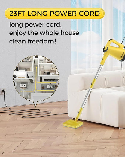 Steam Mops for Floor Cleaning, with 7-in-1 Attachments, 13OZ Water Tank, 23ft Power Cord, Detachable Handheld Steamer for Cleaning Hardwood, Tile, Glass, and Ironing (Yellow-A1)