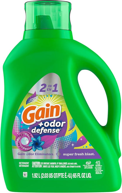 Gain + Odor Defense Liquid Laundry Detergent 2-Pack, Super Fresh Blast Scent, 65 fl oz each, 45 Loads each, HE Compatible