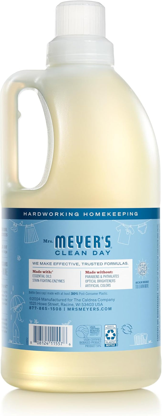 MRS. MEYER'S CLEAN DAY Liquid Laundry Detergent, Biodegradable Formula Infused with Essential Oils, Rain Water, 64 oz - Pack of 2 (128 Loads)