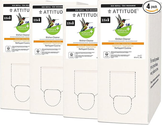 ATTITUDE Kitchen Cleaner, EWG Verified, Degreasing Power, Plant and Mineral-Based, Vegan and Cruelty-free Household Products, Citrus Zest, Bulk Refill, 67.6 Fl Oz (Pack of 4)