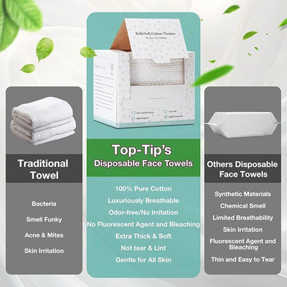100% Pure Cotton Disposable Face Towel, Soft & Skin Friendly Face Towelettes Disposable for Sensitive Skin, Lint- free Makeup Remover Dry Wipes, Thick Facial Towels Disposable