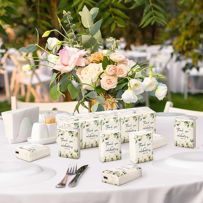 100 Pcs Wedding Facial Tissues Welcome Bags Mini Pocket Tissues Travel Size Wedding Favors for Guests 3 Ply Thank You for Celebrating with Us Celebration Graduation (Eucalyptus)