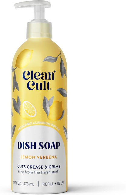 Cleancult - Lemon Verbena - Liquid Dish Soap - Refillable Aluminum Bottle - Dish Soap that Cuts Grease & Grime - 16 oz - 1 Pack