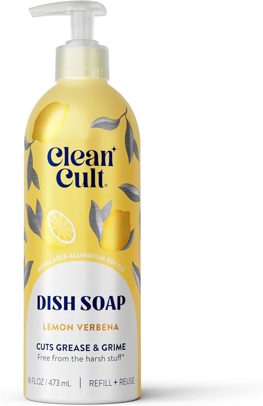 Cleancult - Lemon Verbena - Liquid Dish Soap - Refillable Aluminum Bottle - Dish Soap that Cuts Grease & Grime - 16 oz - 1 Pack
