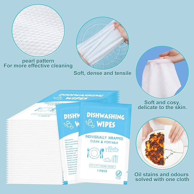 Dish Cleaning Wipes Individually Wrapped, Portable Kitchen Disposable Dishwashing Soap Wipes Bulk Travel Size Small Quick Cleaning Wipes for Outdoor Traveling/Camping/Hotel 7.1 x 7.1 inch (200 Pack)