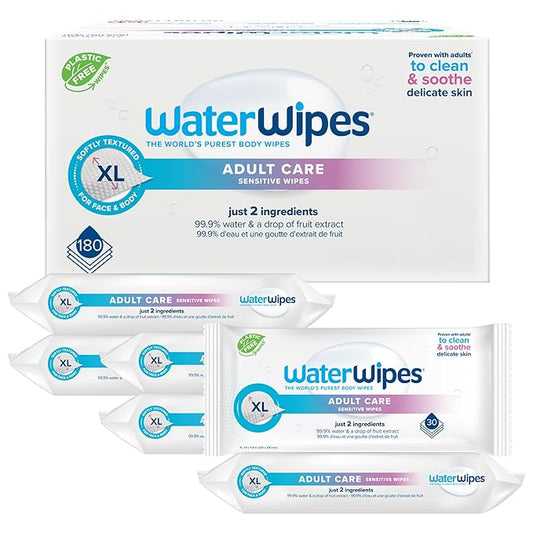 WaterWipes Adult Care Wipes, Extra-large 99.9% Water Based Wipes, Unscented & Hypoallergenic for Sensitive Skin, 180 Count (6 Packs)