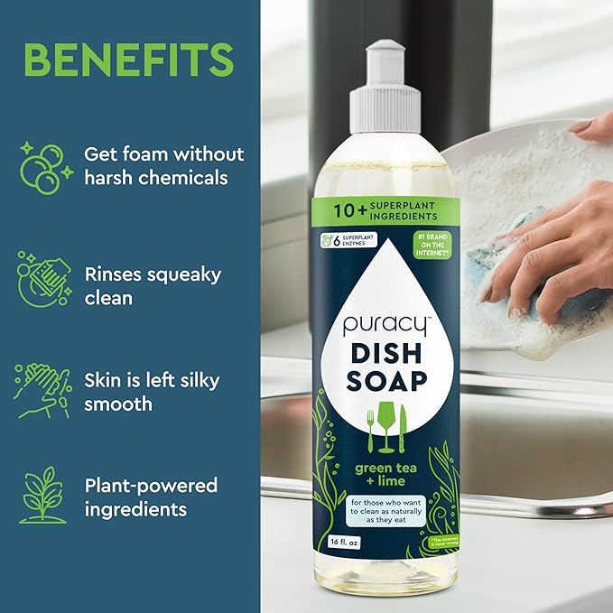 Puracy Natural Dish Soap - Skin-Softening Plant-Based Dishwashing Soap, Non-Toxic Dish Soap, Organic Liquid Dishwashing Detergent Soap (Green Tea & Lime, 16 fl oz, 3 Pack)
