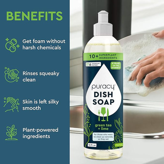 Puracy Natural Dish Soap - Skin-Softening Plant-Based Dishwashing Soap, Non-Toxic Dish Soap, Organic Liquid Dishwashing Detergent Soap (Green Tea & Lime, 16 fl oz, 3 Pack)