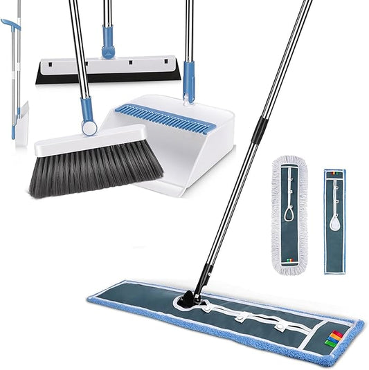 Masthome 42" Large Industrial Mop with 2 Reusable Mop Pads,Commercial Microfiber Mop & Long Handle Lightweight 180 Degree Rotating Broom Set with Squeegee Broom for Floor