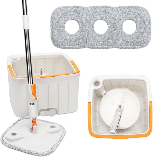 Spin Mop and Bucket Set with Self Separation Dirty and Clean Water System,Self Wringing 360° Rotating Square Clean Mop and Bucket with Wringer,Home Floor Tile Cleaning(3 Thick Mop Pads)(White)