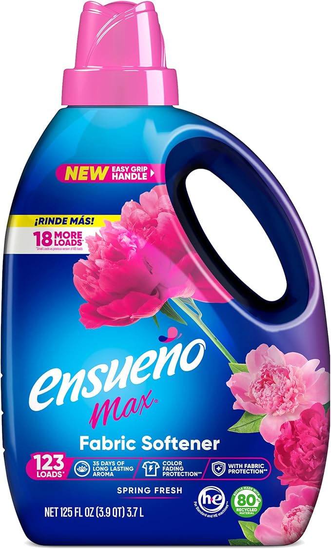 Ensueño Max Liquid Fabric Softener - Spring Fresh Scent - 125 fl oz - Color-Safe Fabric Softener Liquid - Softens 123 Loads - Reduces Wrinkles & Static