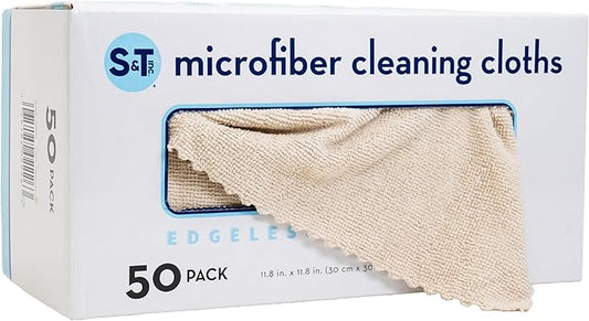 S&T INC. 50 Pack Microfiber Cleaning Cloth with Box, Bulk Towels for Home, Reusable Microfiber Towels for Cars, Cleaning Rags, Oatmeal, 11.8 Inches x 11.8 Inches, 50 Count