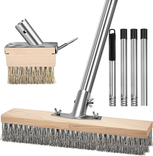 Crack Weeder Brush Heavy Duty Wire Broom Set, Multifunction Moss Grout Remover with Scraper Weed Puller, Detachable 64.9in Handle for Outdoor Deck Pavers Patios Walkways Concrete Floor Cleaning