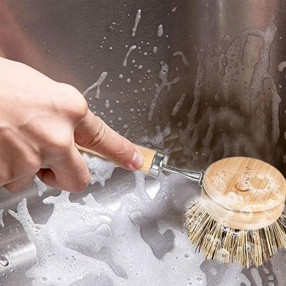 Bamboo Dish Scrubber - Hard Bristles, Natural Dish Brush with Handle 4 Replacement Heads, Compostable & Sustainable, Kitchen Brush for Cleaning Dishes, Pots and Pans