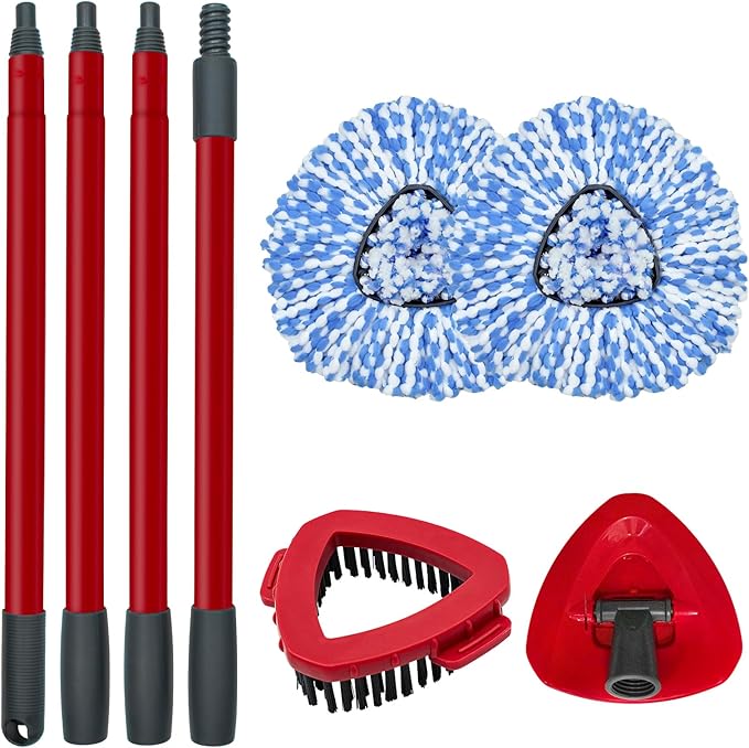 Spin Mop Replace Head, Base, Scrubber Mop Head, Mop Handle for OCedar RinseClean 2-Tank System, Include 2 Microfiber Mop Refills, 1 Mop Handle, 1 Mop Head Cover and 1 Scrub Brush