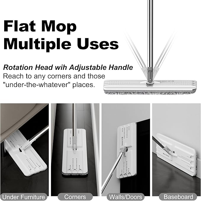 Mop and Bucket with Wringer Set, Flat Floor Mop and Bucket, with 3 Microfiber Mops for Floor Cleaning, Wet and Dry Use for Household Cleaning - White