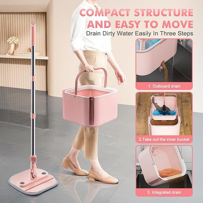 Upgraded Spin Mop and Bucket Self-Standing Mop Bucket Separate Dirty and Clean Water System Self Wringing 360° Rotating & 90° Foldabl Mops and Buckets for Floor Cleaning (Pink, 14Pads)