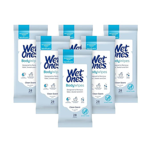 Wet Ones Body Wipes, Clean Scent Body Cleansing Wipes | Travel Size Wipes | 28 ct. (6 pack)