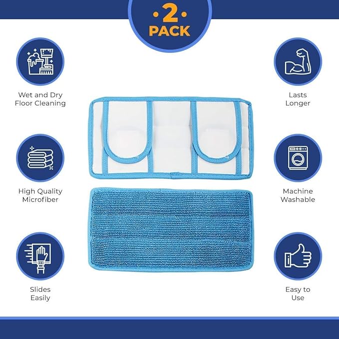 Reusable Microfiber Mop Pads | Durable Machine Washable Refills | Compatible with Swiffer Dry Mops | Flat Mop Pads for Efficient Floor Cleaning | 2 Pack