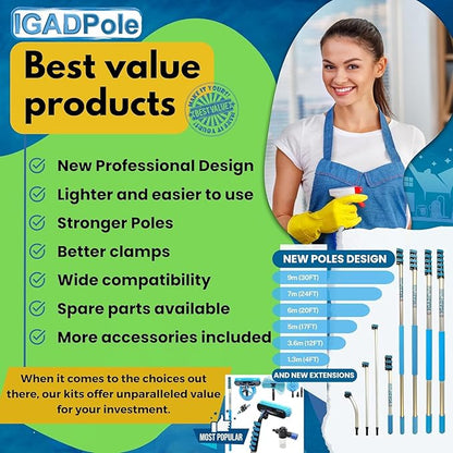 34ft IGADPole Washing Kit: Water-fed Brush, Cobweb Duster and 10” Squeegee and Soap Dispenser, with 6-Stage Telescoping Pole 5.5-27ft Pole and & 1ft Curved Extension