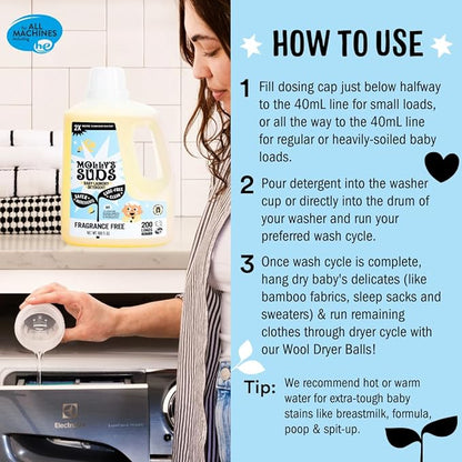 Molly's Suds Baby Liquid Laundry Detergent | Removes Formula, Poop & Spit-Up Stains | Extra Gentle for Infants, Babies, Toddlers (Fragrance Free, 200 Loads)