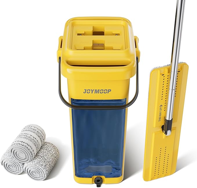 JOYMOOP Heavy Duty Commercial Mops for Floor Cleaning, Wet Dry Mop and Bucket Set with Large Capacity Yellow Mop Bucket, Includes 3 Reusable 17-Inch Microfiber Mop Pads