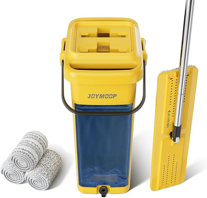 JOYMOOP Heavy Duty Commercial Mops for Floor Cleaning, Wet Dry Mop and Bucket Set with Large Capacity Yellow Mop Bucket, Includes 3 Reusable 17-Inch Microfiber Mop Pads
