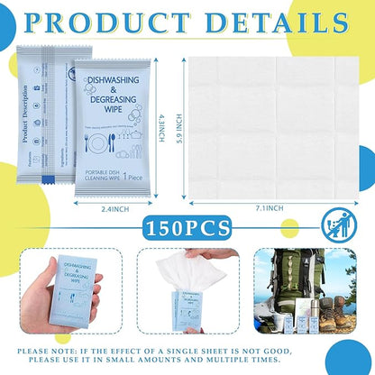 Tondiamo 150 Pcs Individually Wrapped Dish Cleaning Wipes Disposable Portable Travel Dish Soap Wipes with Lemon Scent for Kitchen Outdoor Camping Traveling Quick Clean