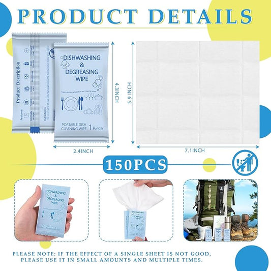Tondiamo 300 Pcs Individually Wrapped Dish Cleaning Wipes Disposable Portable Travel Dish Soap Wipes with Lemon Scent for Kitchen Outdoor Camping Traveling Quick Clean