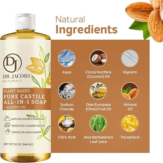 Dr. Jacobs Naturals Almond Castile All-In-One Cleaner and Soap, Effective Plant-Based Formula for House Cleaning Floors & Appliances. Eco-friendly for Home Essentials and the Planet (32 Fl Oz, 2 Pack)