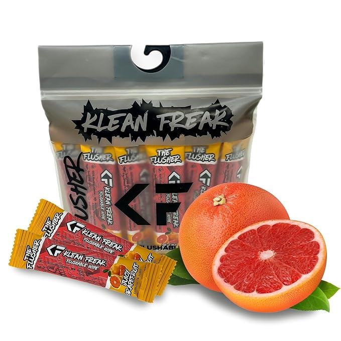 THE KLEAN FREAK FLUSHER -Flushable Wipes For Adults & Kids - 100% BIODEGRADABLE Individual Wrapped Travel WET Wipe for Toilet - Soothing Aloe & Witch Hazel - Alcohol Free 20 Pack - Juicy Grapefruit