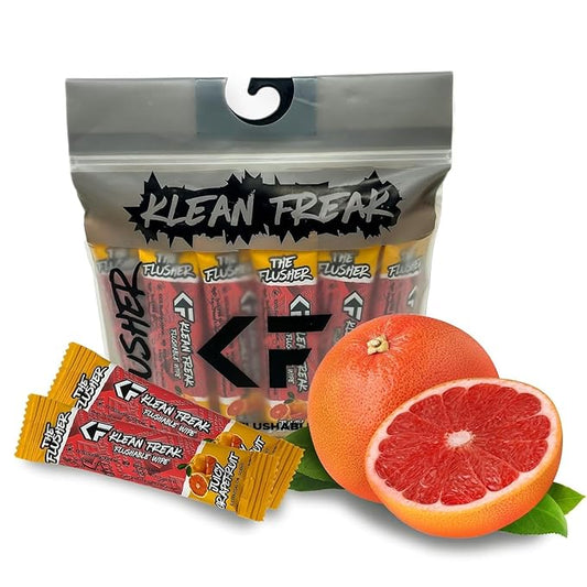 THE KLEAN FREAK FLUSHER -Flushable Wipes For Adults & Kids - 100% BIODEGRADABLE Individual Wrapped Travel WET Wipe for Toilet - Soothing Aloe & Witch Hazel - Alcohol Free 20 Pack - Juicy Grapefruit