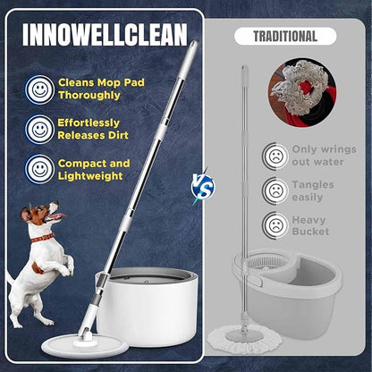 Innowellclean Spin Mop and Bucket Set with Self-Cleaning, Dry, Wet 3-In-1 Water Filtration System | Microfiber Mop for Floor Cleaning - Home & Kitchen Hardwood, Laminate, Tile (5 Pads & Triangle Head)