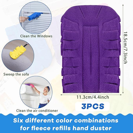 Zubebe 3 Pcs Heavy Duty Duster Refill Reusable Fleece Duster Refills Multi Surface Washable Cleaning Pads for Home, Blinds, Fans, Corners, Furniture (Yellow,Blue,Purple)