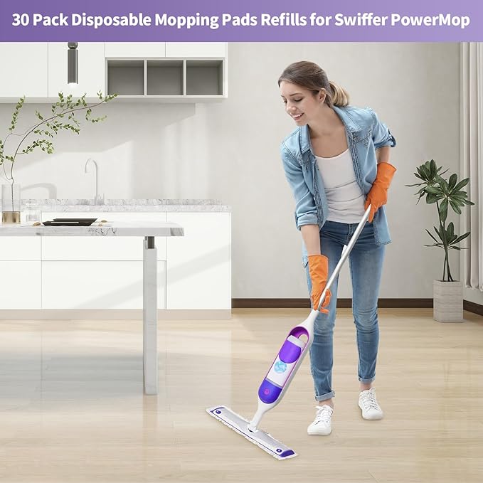 30 Pack Disposable Mopping Pads Refills for Swiffer PowerMop Multi-Surface & Wood Mops, Spray Clean Pads Replacement for Floor Cleaning（Purple Without Handle）