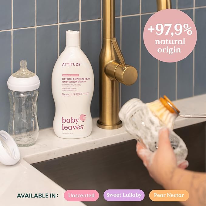 ATTITUDE Baby Dish Soap and Bottle Cleaner, EWG Verified Dishwashing Liquid, No Added Dyes or Fragrances, Tough on Milk Residue and Grease, Vegan, Unscented, 23.7 Fl Oz (Pack of 9)