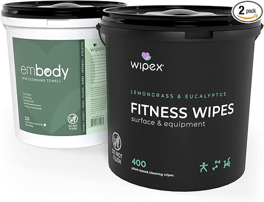 Wipex Gym Wipes for Equipment Bundle - Get (1) 400ct Lemongrass Surface Wipes & (1) 225ct Body Wipes for After Workout, Plant-Based Fitness Equipment Wipes, Clean Surfaces & Mats and Peloton Bike