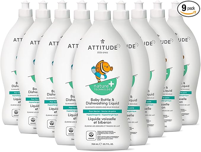 ATTITUDE Baby Dish Soap and Bottle Cleaner, EWG Verified Dishwashing Liquid, No Added Dyes or Fragrances, Tough on Milk Residue and Grease, Vegan, Pear Nectar, 23.7 Fl Oz (Pack of 9)